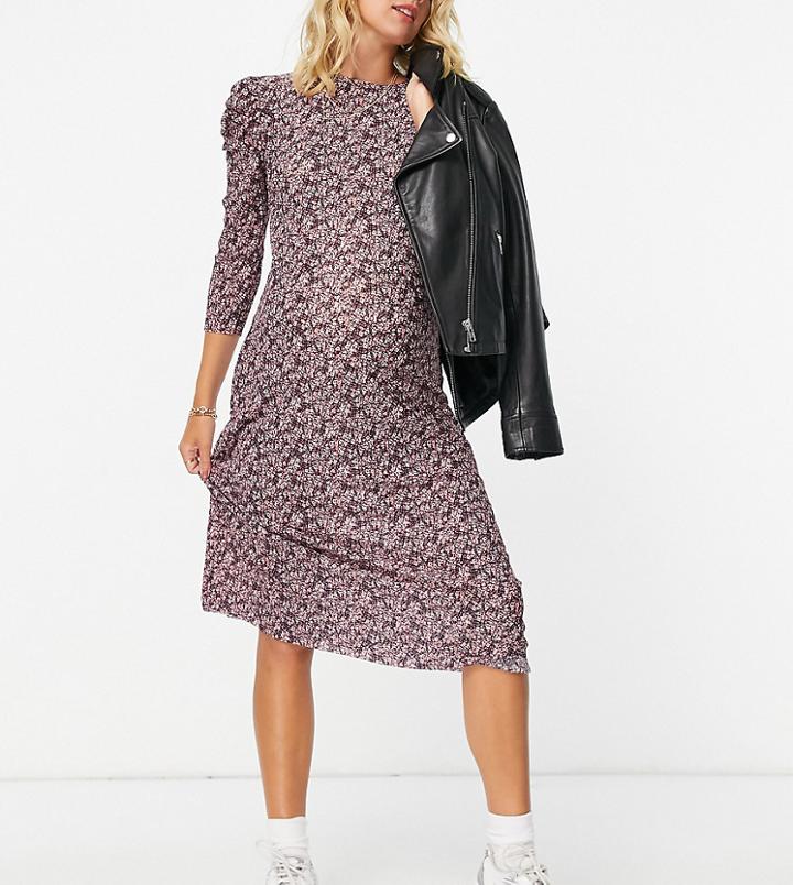 Pieces Maternity Tea Dress With Ruffle Sleeve In Pink Ditsy Floral-multi