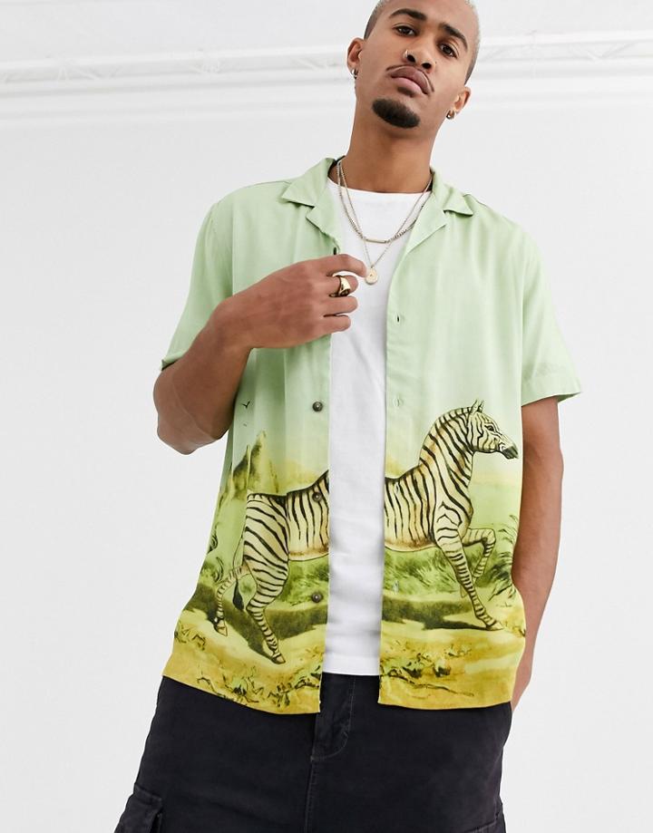 Asos Design Short Sleeve Zebra Print Shirt In Green