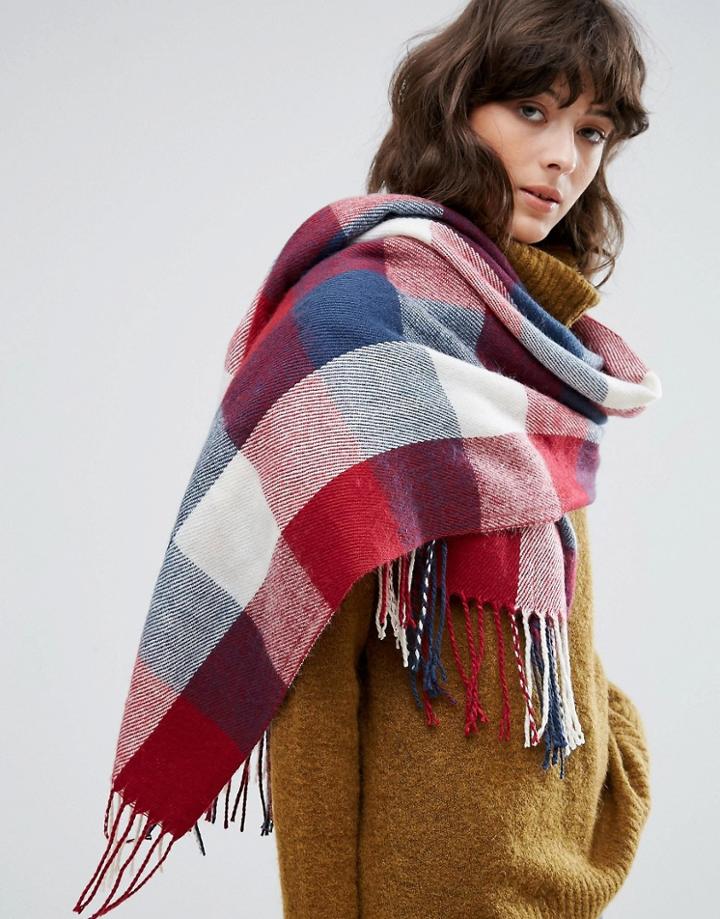 Pieces Blue Red And White Checked Blanket Scarf - Multi