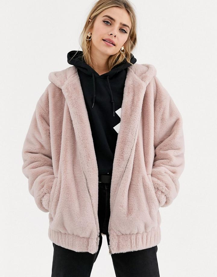 New Look Fur Bomber In Pale Pink-tan