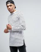 Asos Stripe Super Longline Long Sleeve T-shirt With Curved Step Hem - White