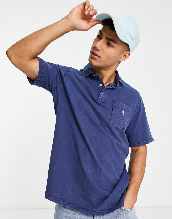Polo Ralph Lauren Pony Logo Pocket Cotton Linen Polo In Navy