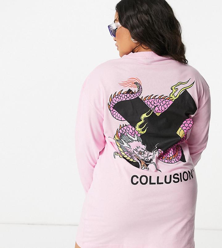 Collusion Plus Exclusive Graphic Print Oversized Long Sleeve T-shirt Dress In Pink