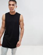 Asos Design Super Longline Relaxed Tank With Curved Hem And Raw Edges In Black - Black