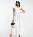 Asos Design Tall Shirred Bust Midi Dress With Tiered Skirt In White