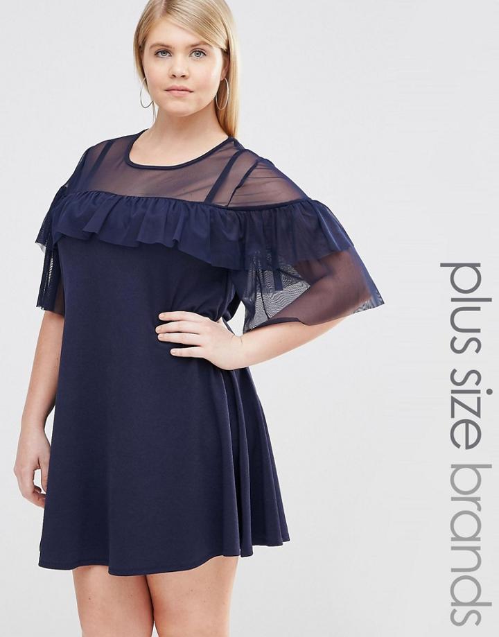 Pink Clove Mesh Insert Ruffle Swing Dress - Navy
