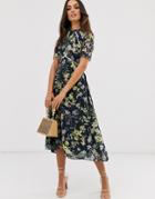 Hope And Ivy Midi Dress With Open Back In Black Based Floral Print - Black