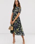 Hope And Ivy Midi Dress With Open Back In Black Based Floral Print - Black