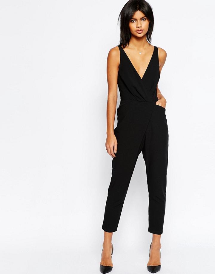 Asos Cami Wrap Jumpsuit With Peg Leg - Black