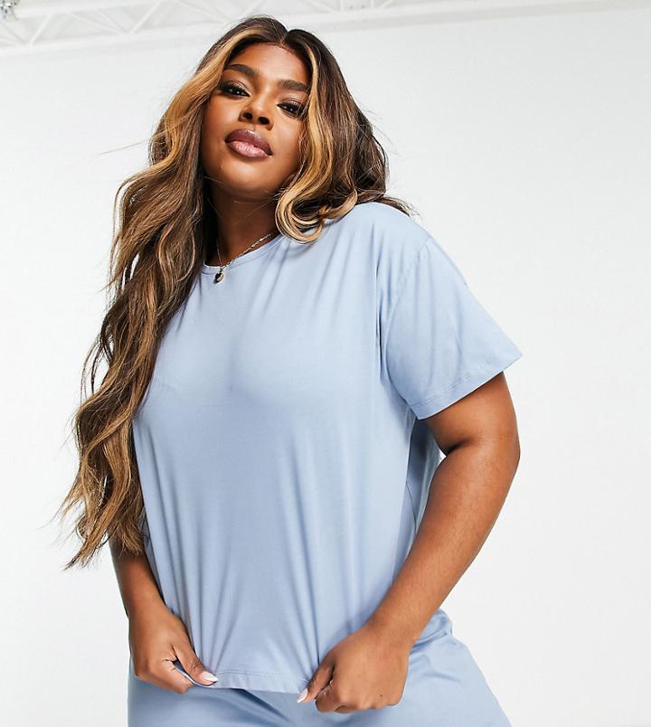 Asos Design Curve Mix & Match Cotton Pyjama Tee In Blue - Khaki-green
