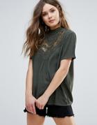 B.young Short Sleeve High Neck Top With Lace Yoke - Green