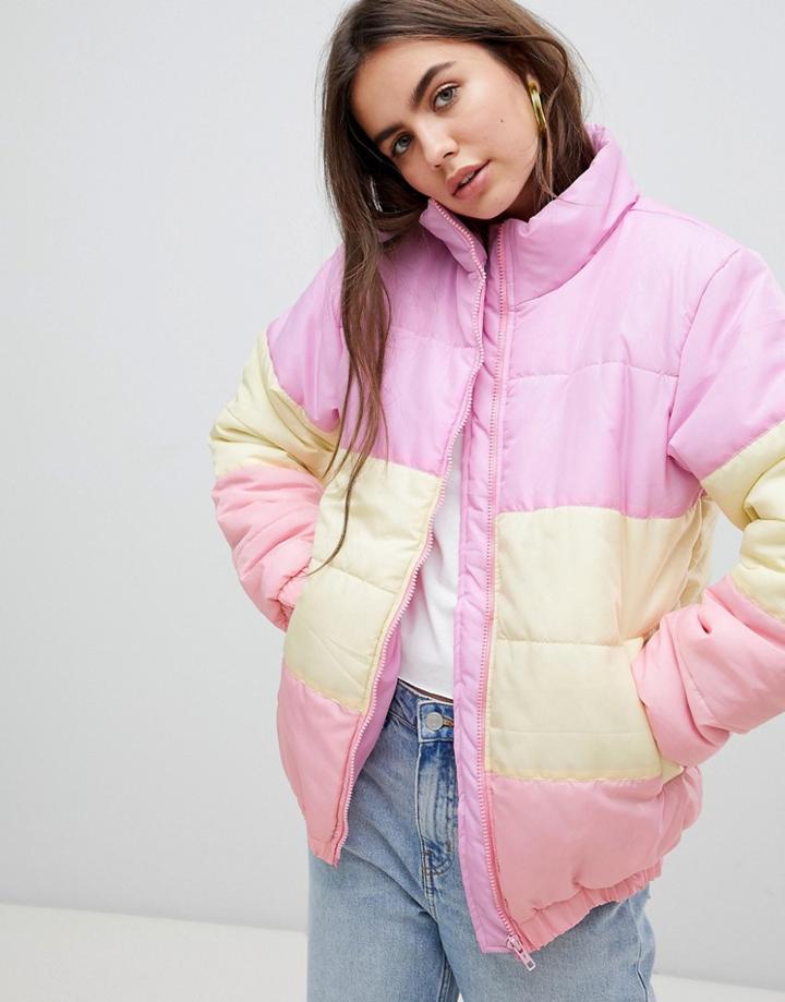 Daisy Street Padded Jacket In Pastel Rainbow Stripe - Multi