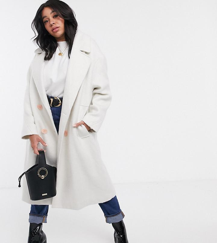 Asos Design Curve Brushed Statement Button Coat With Hero Buttons In Cream