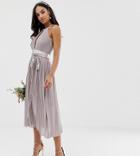 Tfnc Pleated Midi Bridesmaid Dress With Cross Back And Bow Detail In Gray