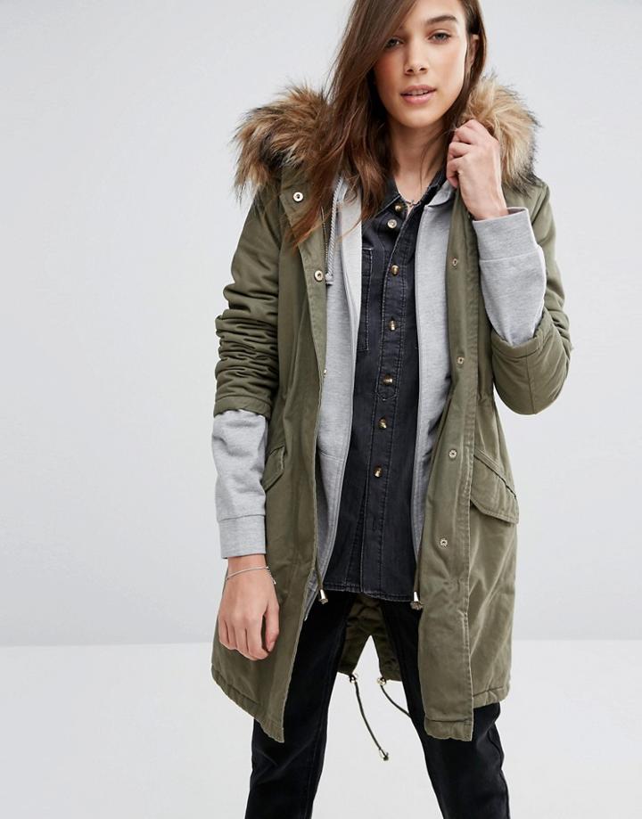 New Look Big Faux Fur Parka Coat - Green