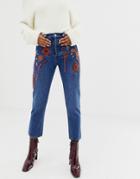 Asos Design Florence Authentic Straight Leg Jeans In Dusty Mid Blue Hanging Embroidery - Blue
