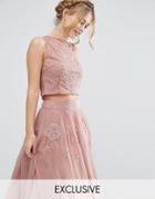 Lace & Beads Mesh Top With Floral Embellishment Co Ord - Pink