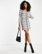 River Island Button Front Boucle Check Mini Dress In Cream-white