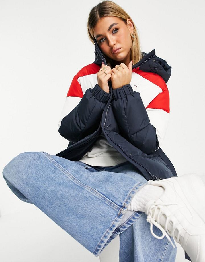 Tommy Jeans Color Block Puffer Hooded Jacket In Multi