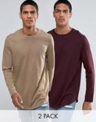Asos Super Longline Long Sleeve T-shirt With Curve Hem 2 Pack - Multi