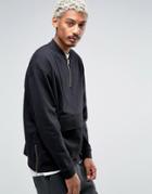 Asos Oversized Sweatshirt With Half Zip & Woven Pocket - Black