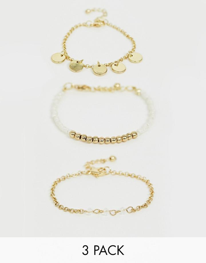Asos Design Pack Of 3 Bead And Disc Bracelets In Gold Tone - Gold