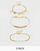 Asos Design Pack Of 3 Bead And Disc Bracelets In Gold Tone - Gold