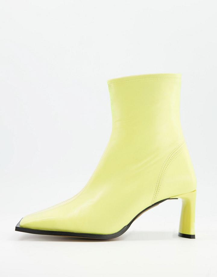 Asos Design Remedy Premium Leather Square Toe Heeled Boots In Lemon Yellow