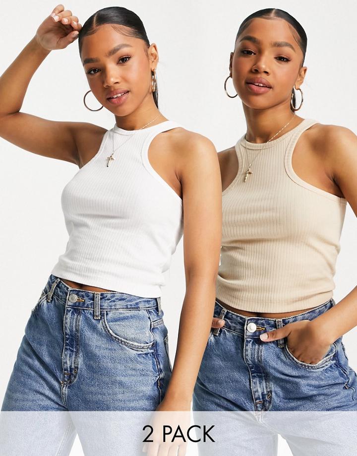 Miss Selfridge 2 Pack Sleeveless Cut Out Racer Neck Tank Top In Camel And White