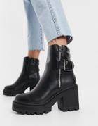 Truffle Collection Faux Leather Chunky Heeled Boots In Black With Buckle Detail