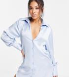 Asos Design Petite Slouchy Satin Plunge Shirt Mini Dress In Blue-blues