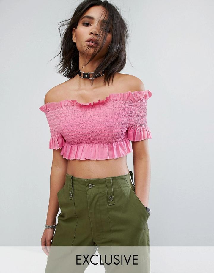 Milk It Vintage Off Shirred Off Shoulder Top With Frills - Pink