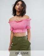 Milk It Vintage Off Shirred Off Shoulder Top With Frills - Pink
