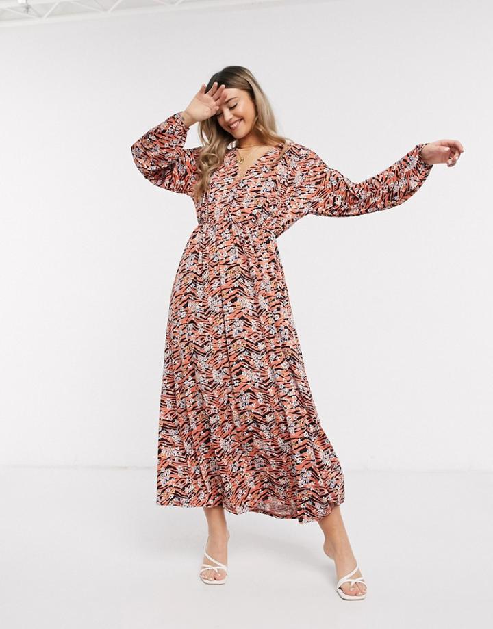 Asos Design Long Sleeve Maxi Dress In Black And Orange Animal Floral Print-multi