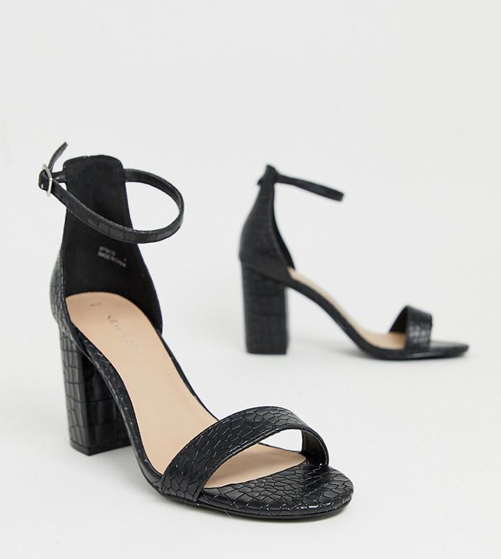 New Look Croc Leather Look Block Sandal In Black