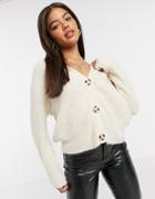 New Look Ribbed Button Down Cardigan In Oatmeal-brown