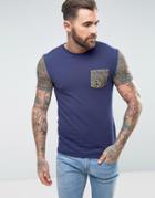 Asos Muscle T-shirt With Paisley Print Sleeves And Pocket - Navy