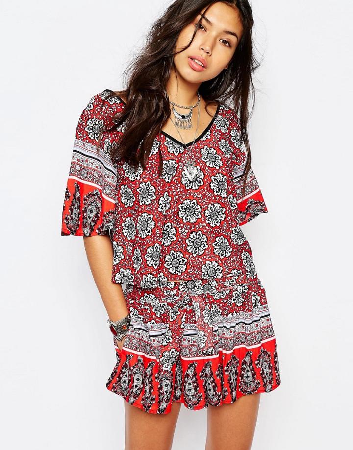 Band Of Gypsies Strapping Detail Crop Top With Mixed Print - Red