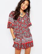 Band Of Gypsies Strapping Detail Crop Top With Mixed Print - Red