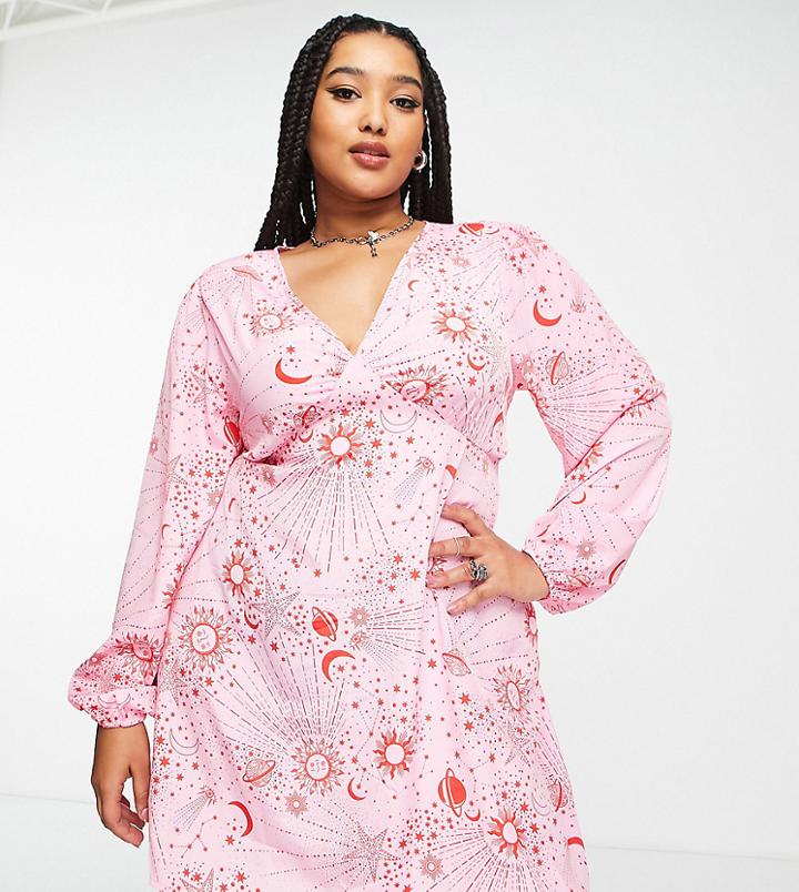 Neon Rose Plus V-neck Long Sleeve Mini Tea Dress In Pink Red Celestial