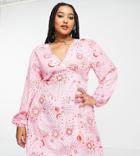 Neon Rose Plus V-neck Long Sleeve Mini Tea Dress In Pink Red Celestial