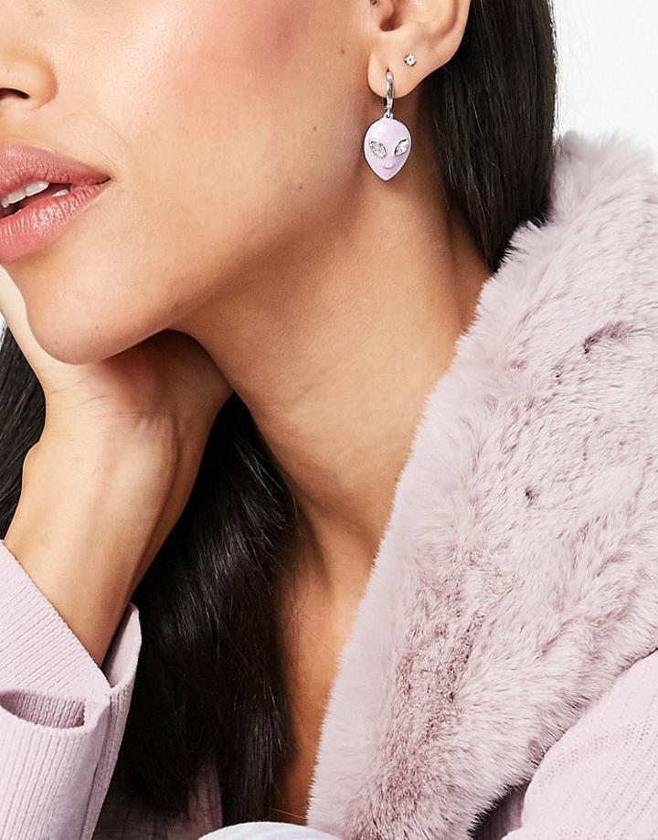 Asos Design Hoop Earrings With Alien Charm In Silver Tone