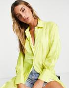 Asos Design Oversized Metallic Shirt With Volume Sleeves And Deep Cuff In Lime-yellow