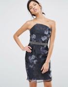 Little Mistress Bandeau Floral Print Pencil Dress With Embellished Waistline - Black