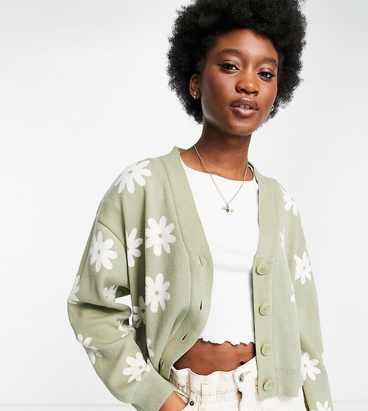 Stradivarius Daisy Pattern Cardigan In Green