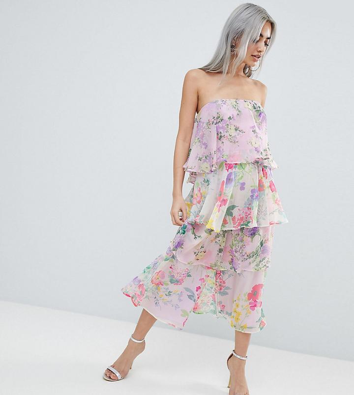Asos Design Petite Tiered Jumpsuit In Mixed Florals-multi
