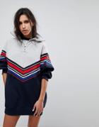 Gigi Hadid Funnel Zip Stripe Panel Sweat Dress - Navy