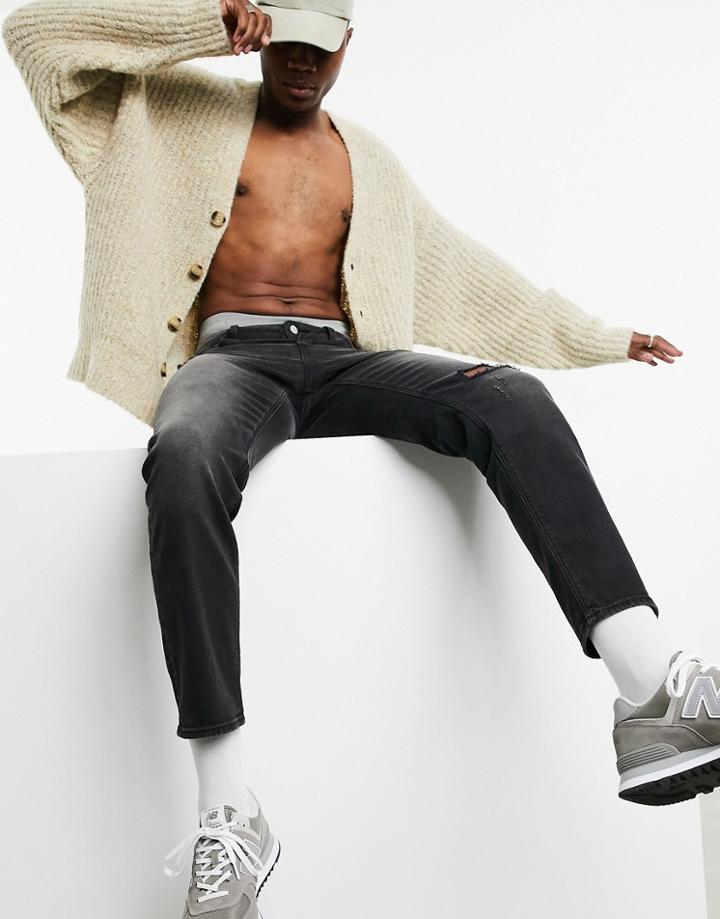 Asos Design 'responsible Edit' Tapered Jeans In Washed Black With Rips