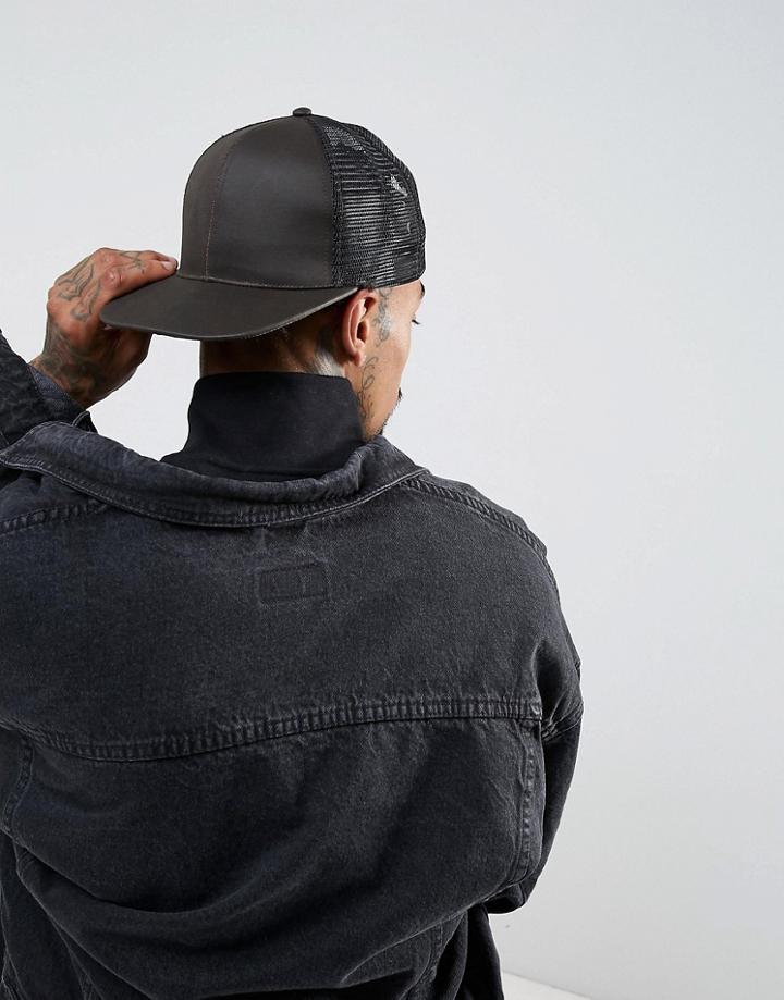 Asos Trucker Cap In Distressed Brown Faux Leather - Brown