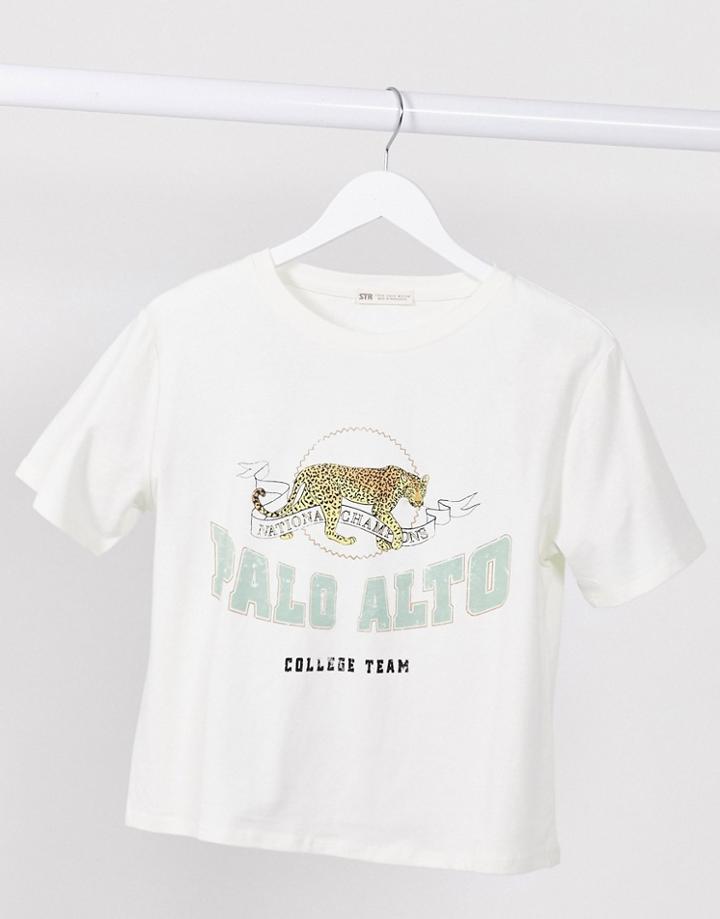 Stradivarius Michigan Motif T-shirt In Cream-white